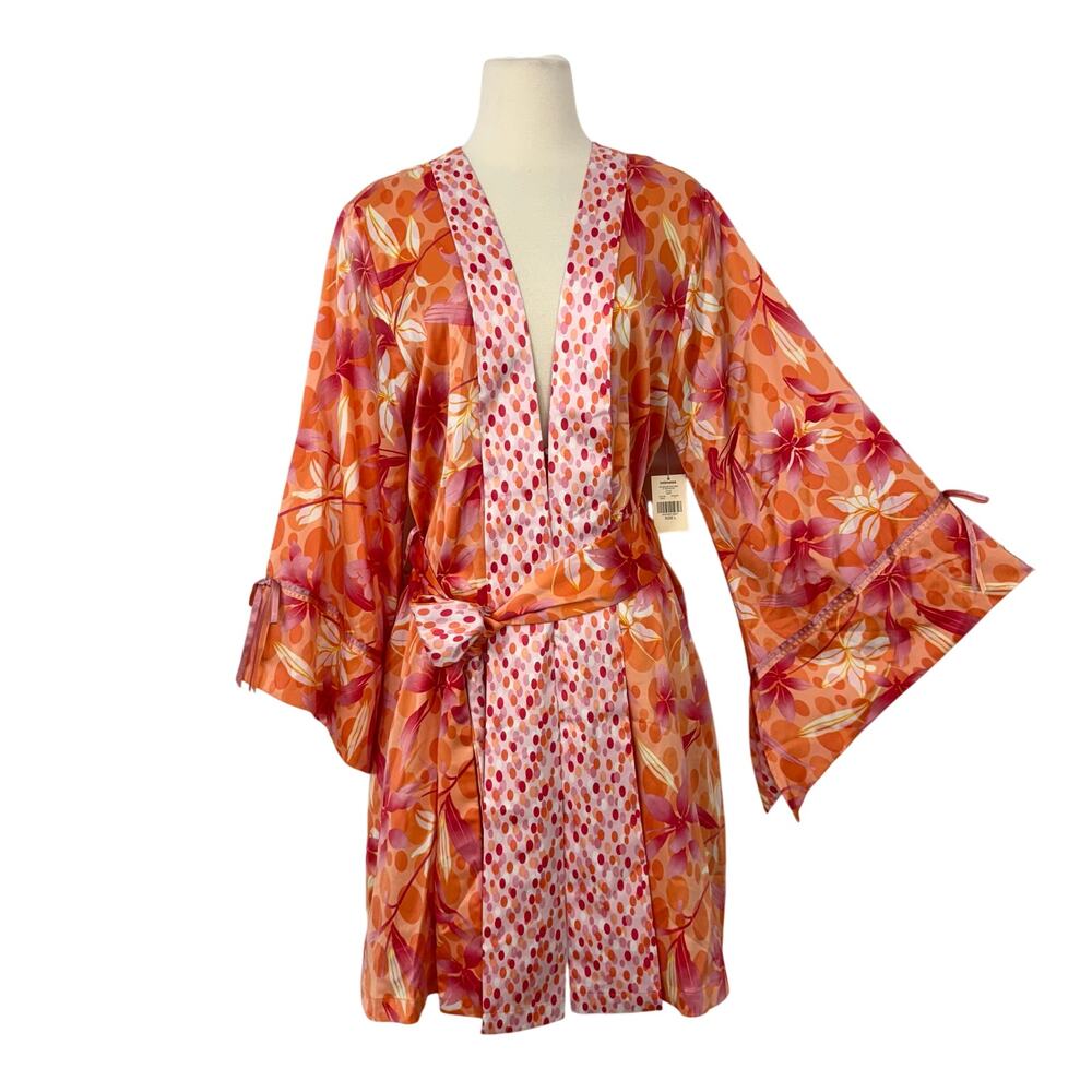 Valerie Stevens Satin Short Robe Flared Sleeves Floral Polka Dot Orange L NWT
